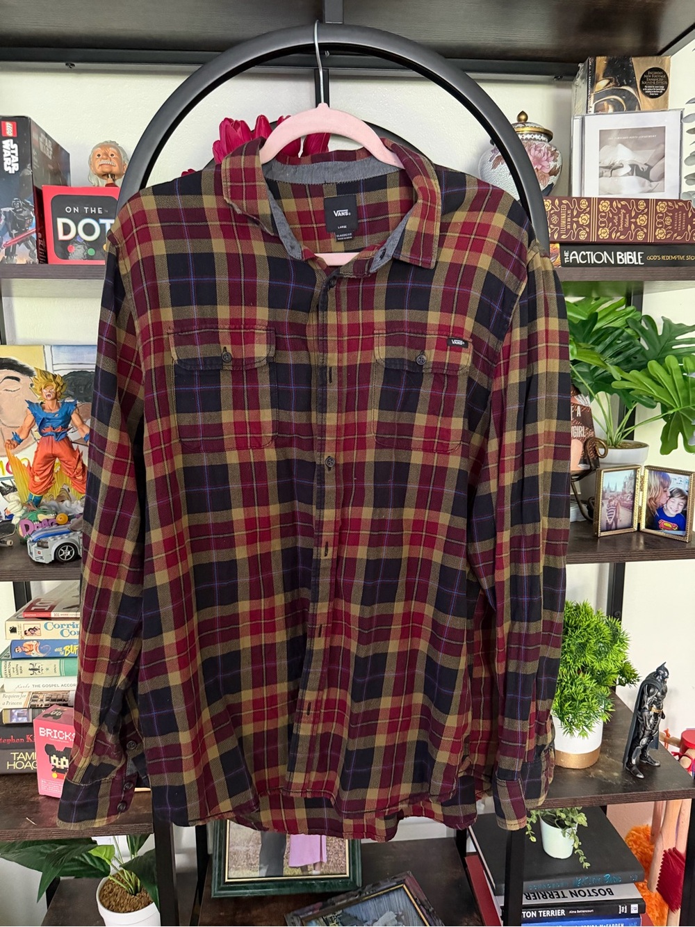 Vans Men’s Burgundy and Black Plaid Button-Down Shirt